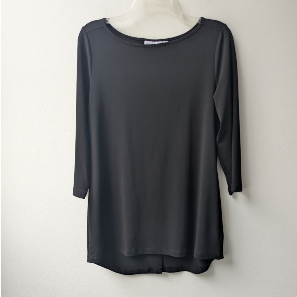 Susan Graver Top Black Button Back 3/4 Sleeve Sz S Chic Minimalist Liquid Knit